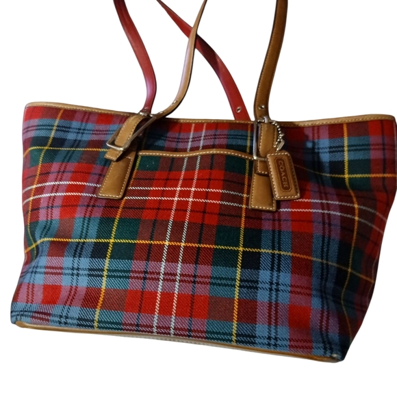 Coach Red and Blue Tartan Tote Bag - Picture 1 of 5